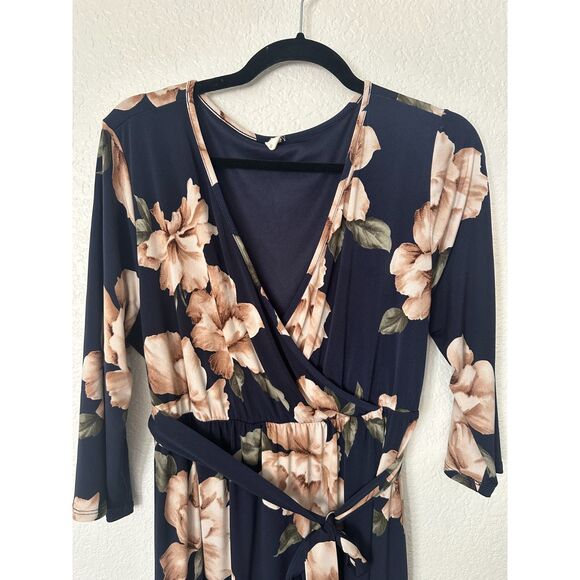 Pink Blush Pink and Navy Floral Belted Maternity Maxi Dress Size M/L - Picture 2 of 6